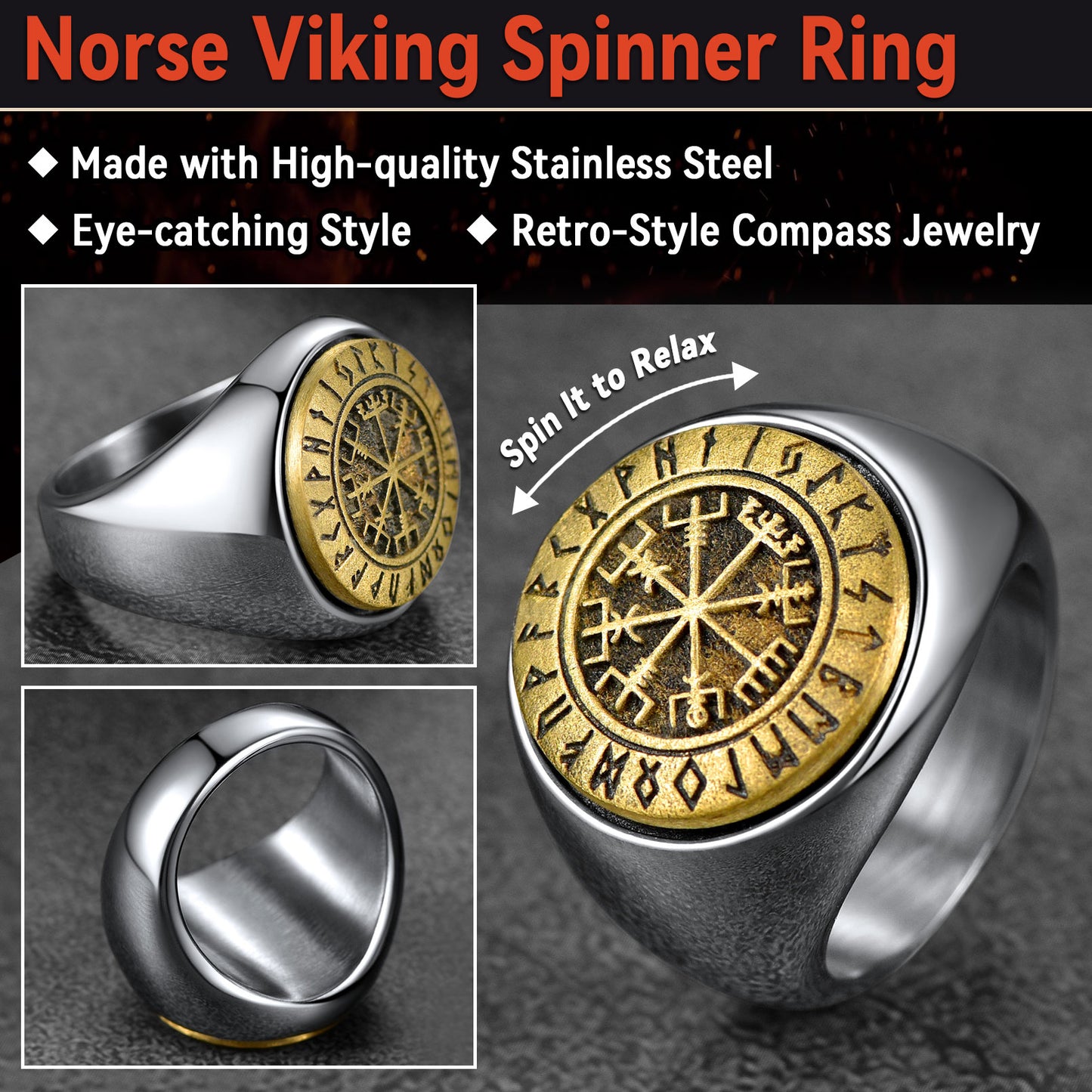 FaithHeart Viking Compass Vegvisir Ring with Runes For Men FaithHeart