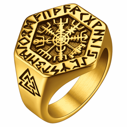 FaithHeart Viking Hexagon Compass Ring With Runes For Men FaithHeart