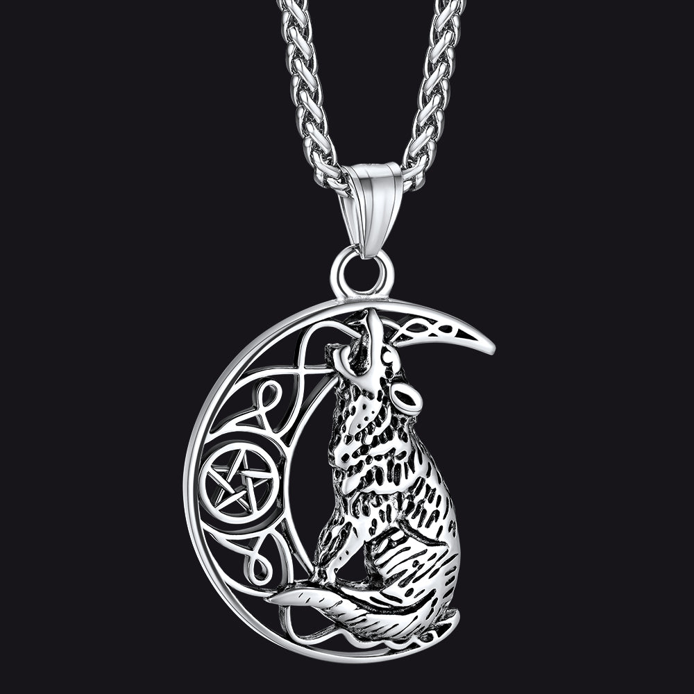 Viking Celtic Crescent Moon Wolf Necklace