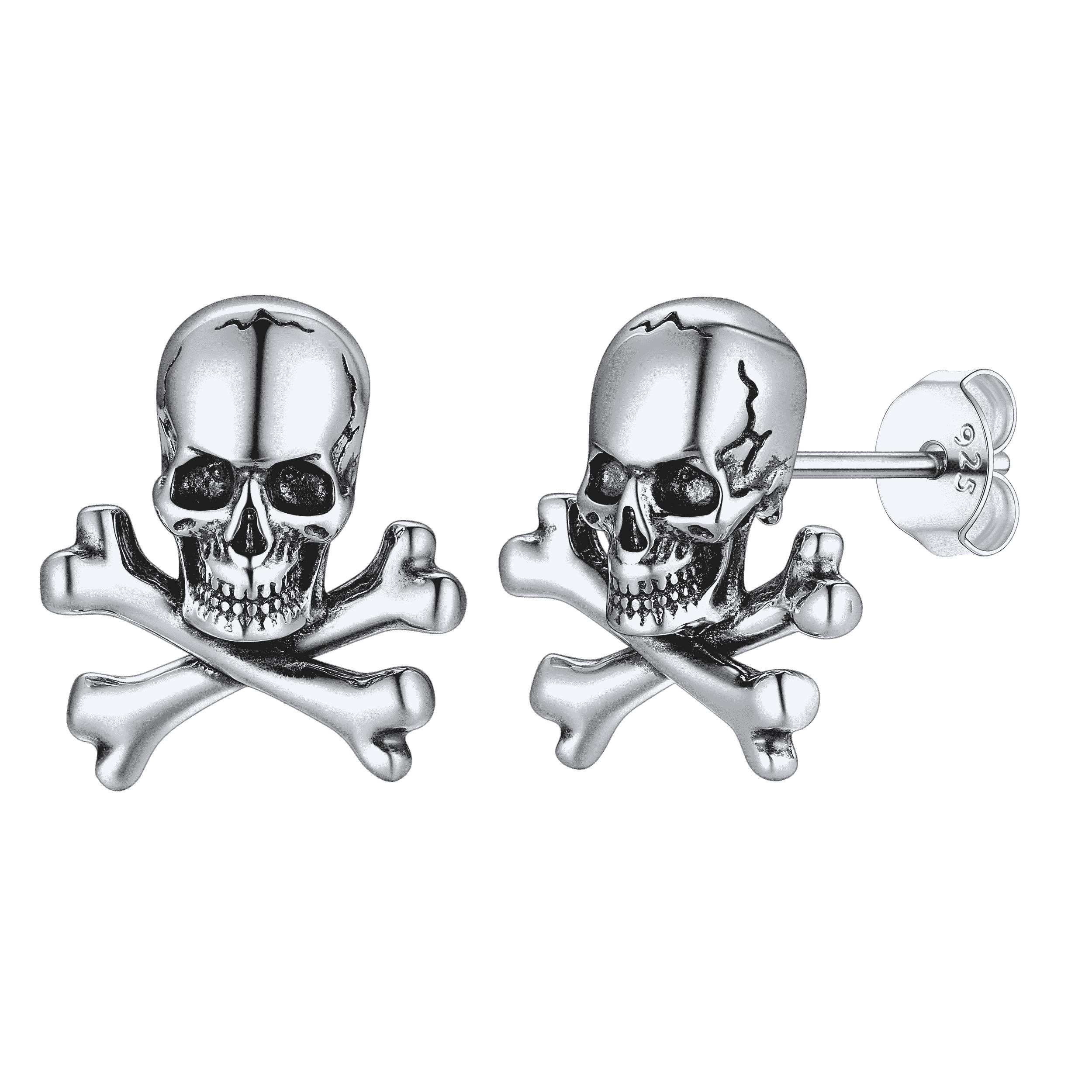 FaithHeart Sterling Silver Skull Stud Earrings with Pirate Crossbones For Men FaithHeart