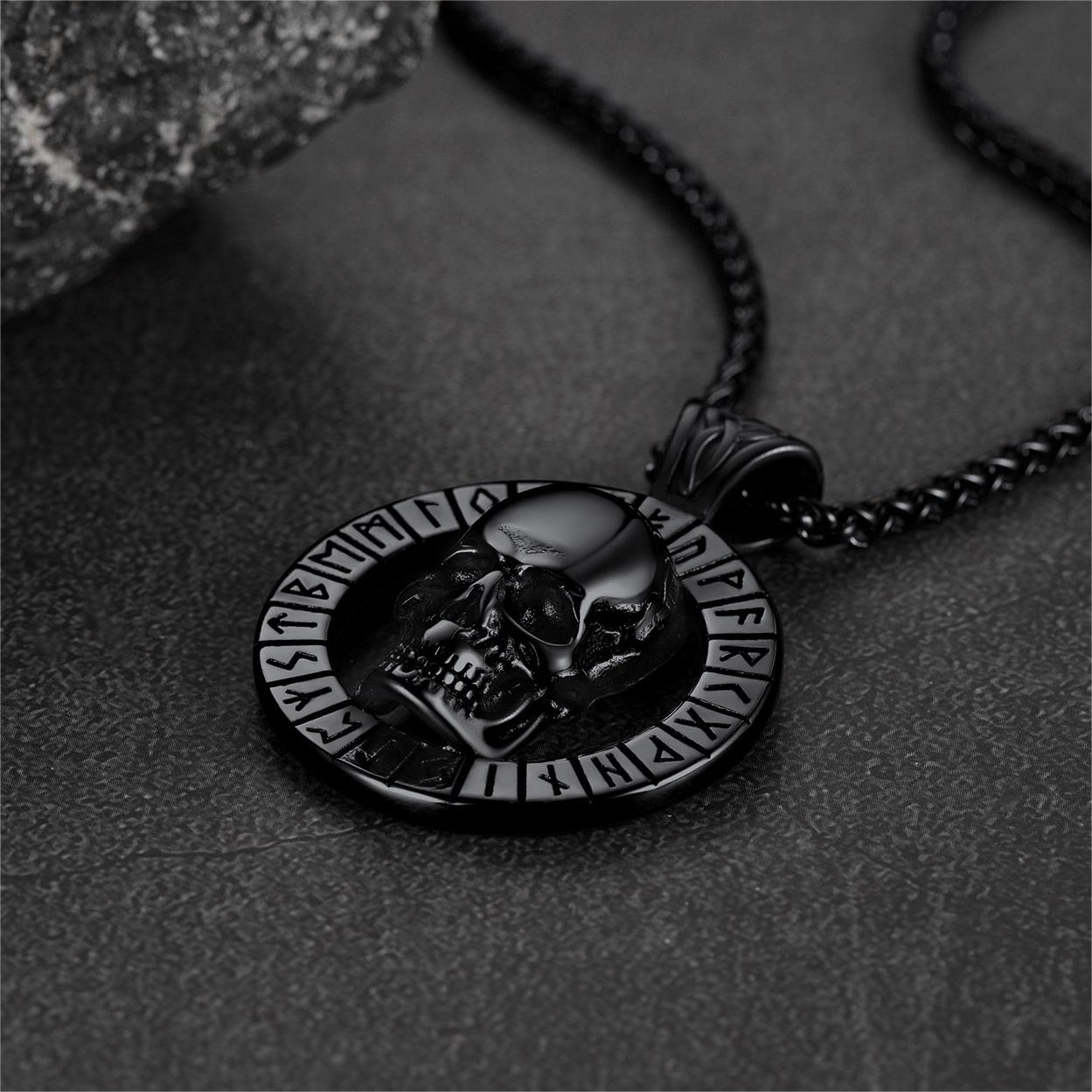 FaithHeart Gothic Skull Necklace For Men With Viking Runes FaithHeart