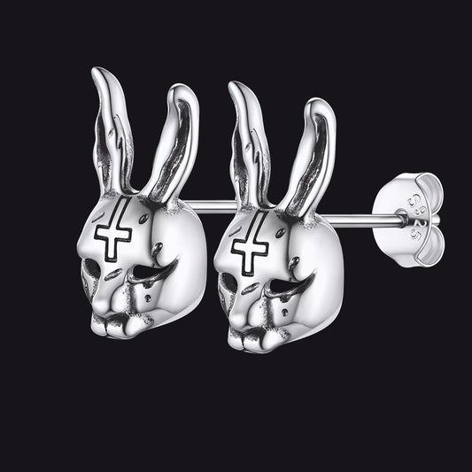FaithHeart Sterling Silver Halloween Evil Bunny Stud Earrings For Men FaithHeart