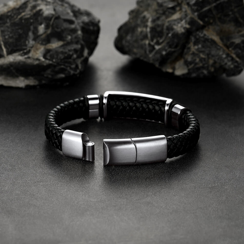 FaithHeart Custom ID Tag Braided Black Leather Bracelet Cuff For Men FaithHeart