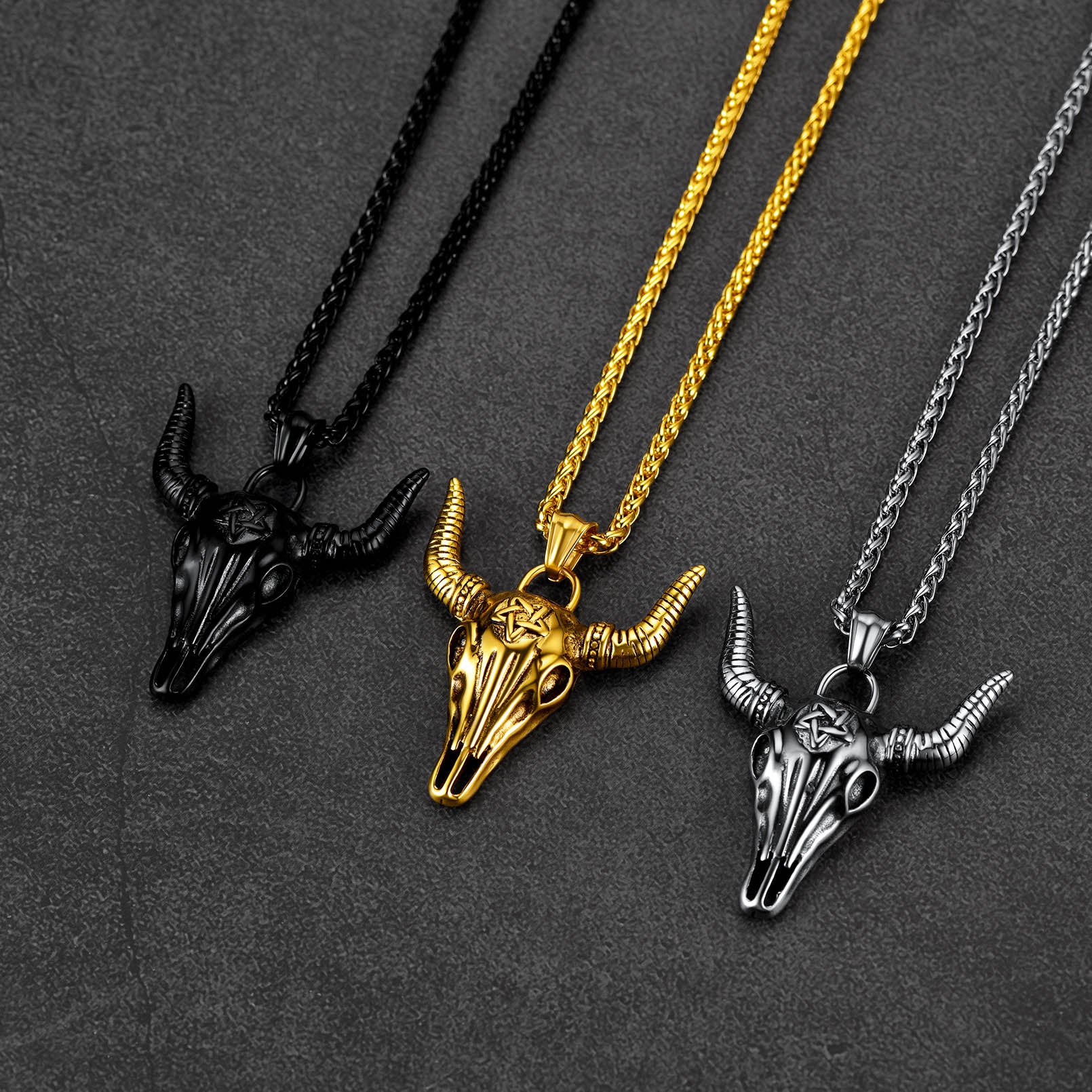 FaithHeart Satanic Bull Skull Necklace with Invert Pentagram for Men FaithHeart