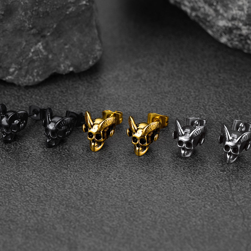 FaithHeart Satan Baphomet Goat Skull Head Stud Earrings For Men FaithHeart