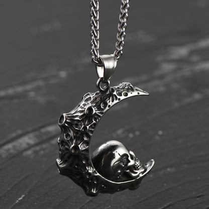FaithHeart Crescent Moon Skull Necklace Stainless Steel Pendant for Men FaithHeart