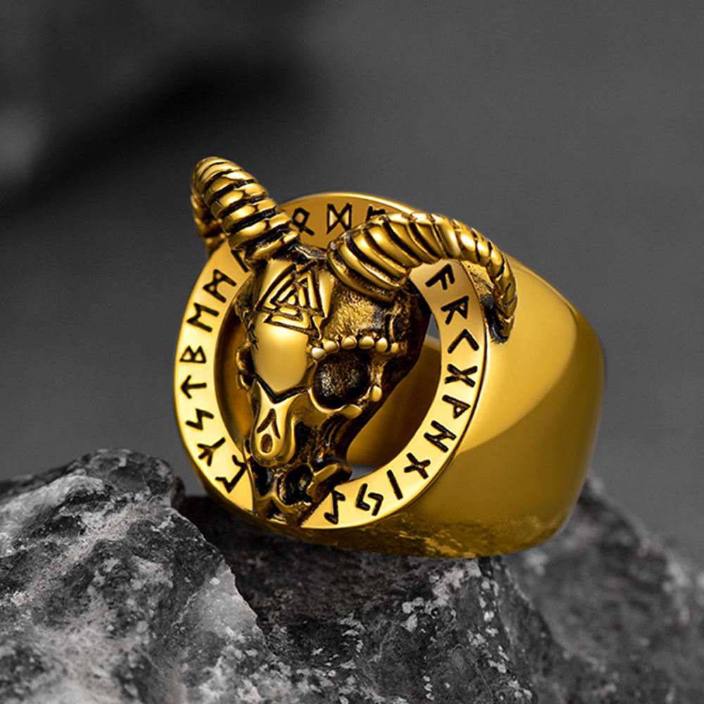 FaithHeart Satanic Goat Skull Ring With Viking Runes For Men FaithHeart