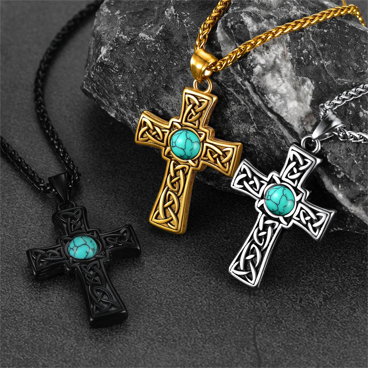 FaithHeart Turquoise Celtic Cross Pendant Necklace For Men FaithHeart