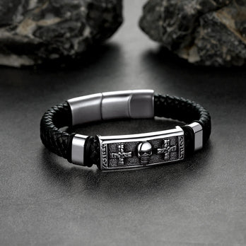 FaithHeart Punk Black Skull Leather Bracelet For Men FaithHeart