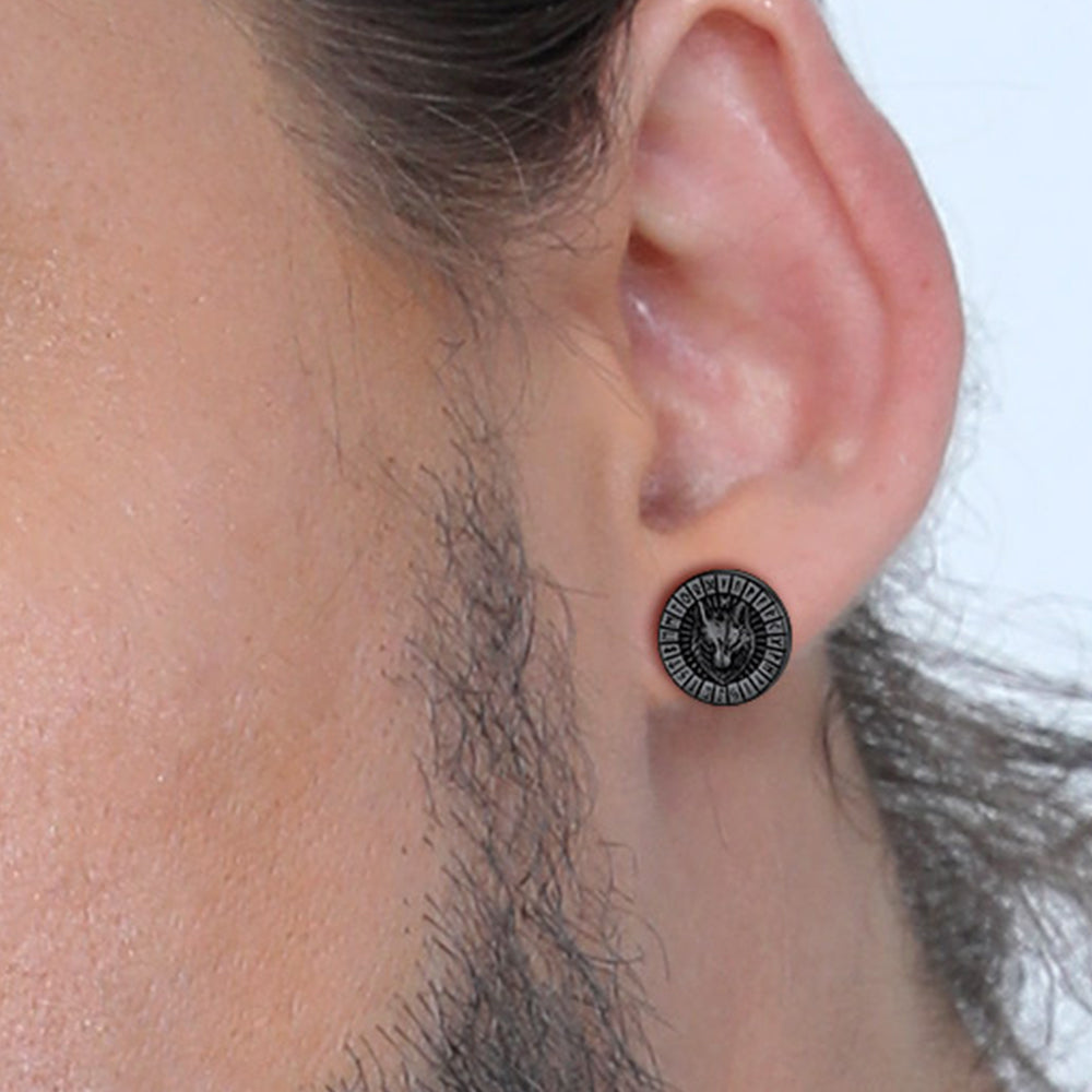 FaithHeart Viking Wolf Head Stud Earrings with Runes For Men FaithHeart