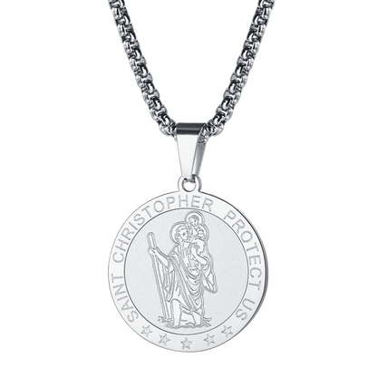 FaithHeart Engraved Round St. Christopher Medal Pendant Necklace For Men FaithHeart