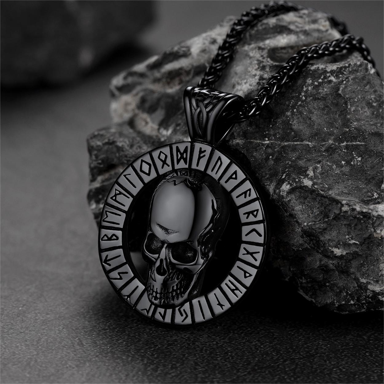 FaithHeart Gothic Skull Necklace For Men With Viking Runes FaithHeart