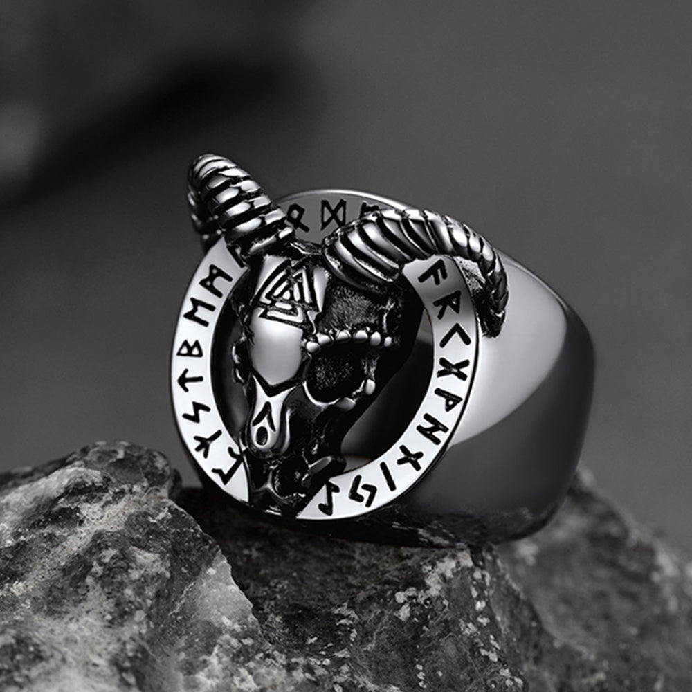 Satanic Goat Skull Ring With Viking Runes For Men