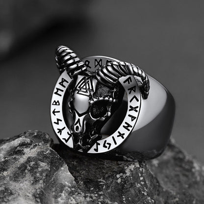 FaithHeart Satanic Goat Skull Ring With Viking Runes For Men FaithHeart