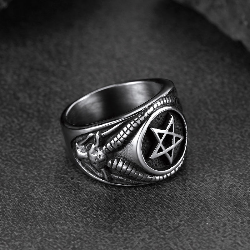 FaithHeart Satanic Goat Pentagram Ring Baphomet Ring for Men FaithHeart