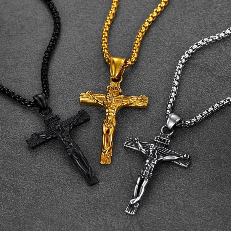 Flat Box Chain Jesus Cross Layered Necklace Set for Men