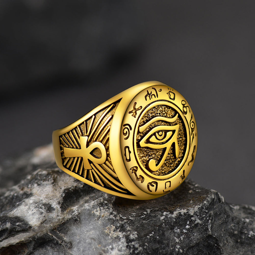 FaithHeart Egyptian Eye of Horus Signet Ring with Ankh Cross for Men FaithHeart