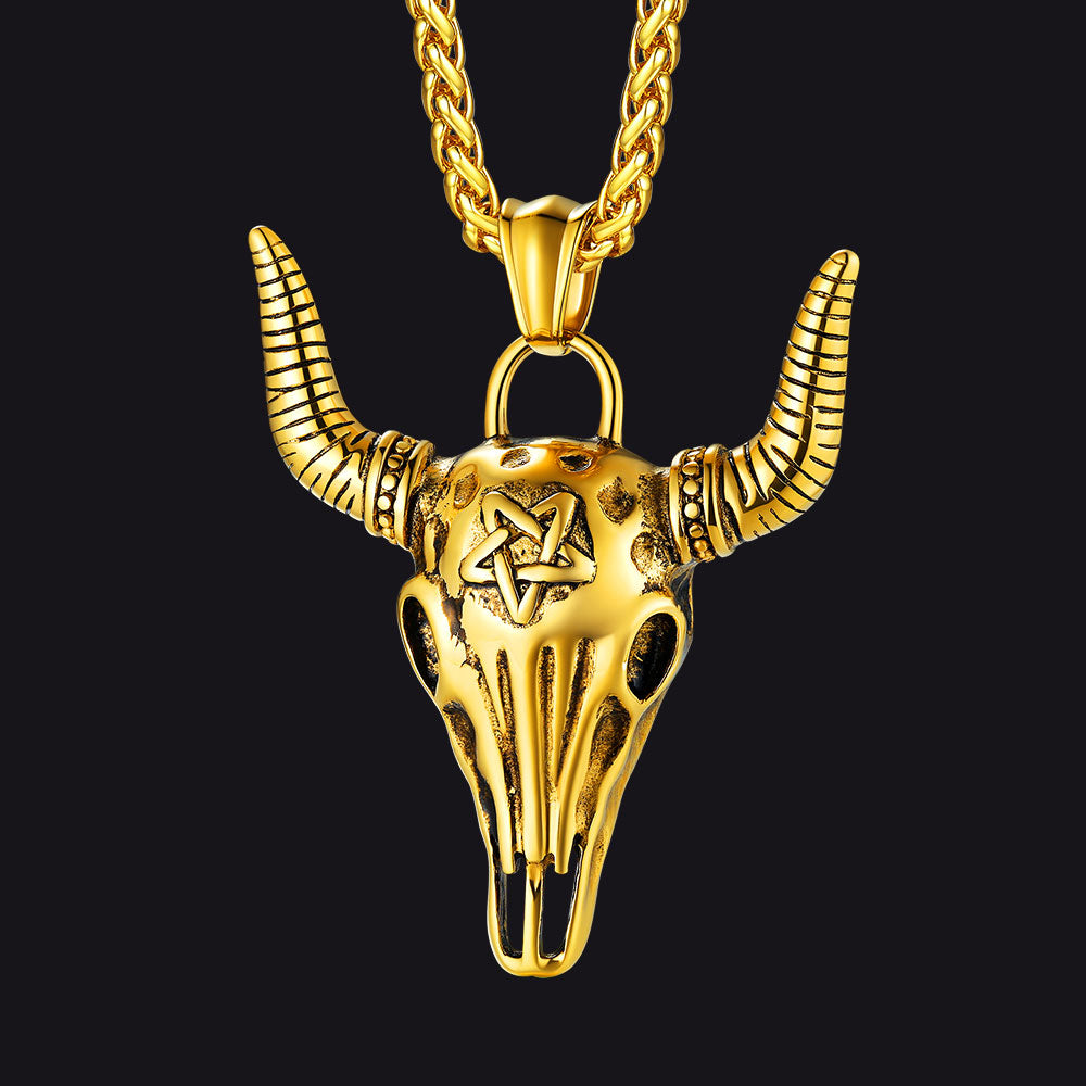 FaithHeart Satanic Bull Skull Necklace with Invert Pentagram for Men FaithHeart