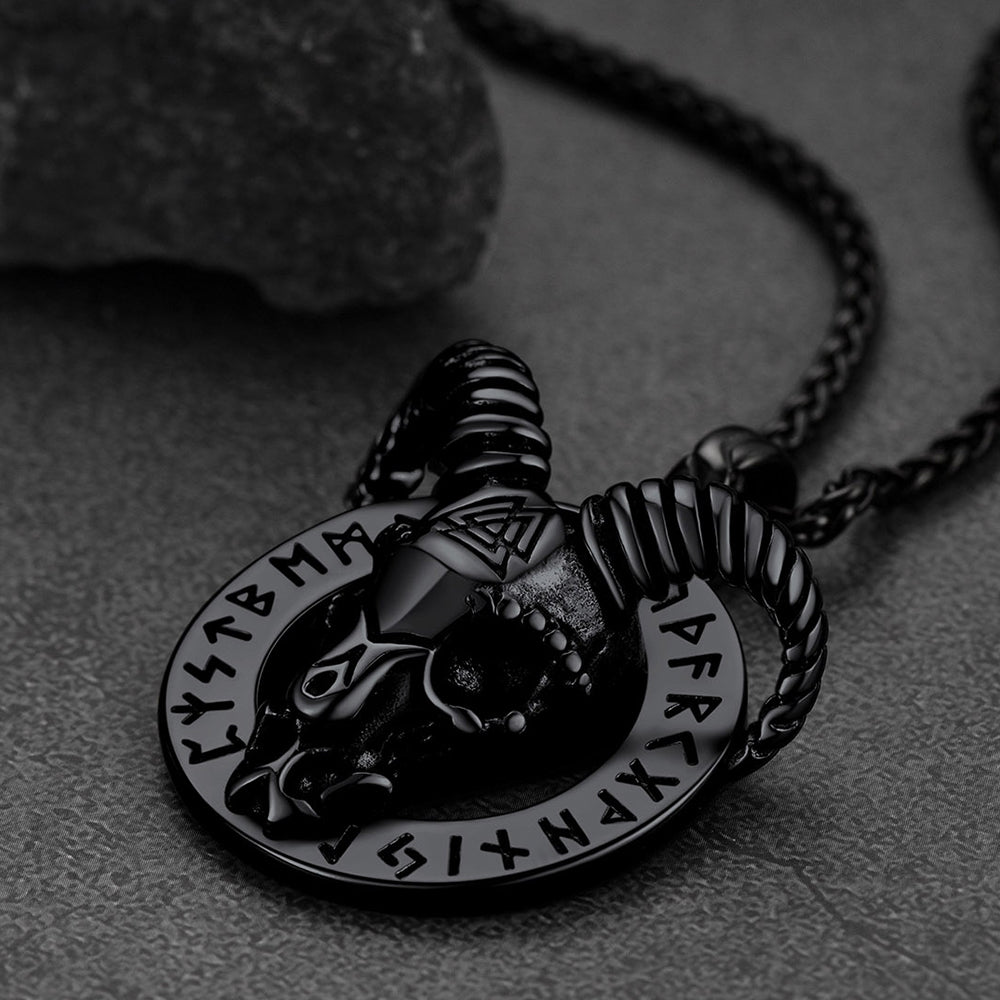 FaithHeart Viking Baphomet Satan Goat Pendant Necklace With Runes for Men FaithHeart