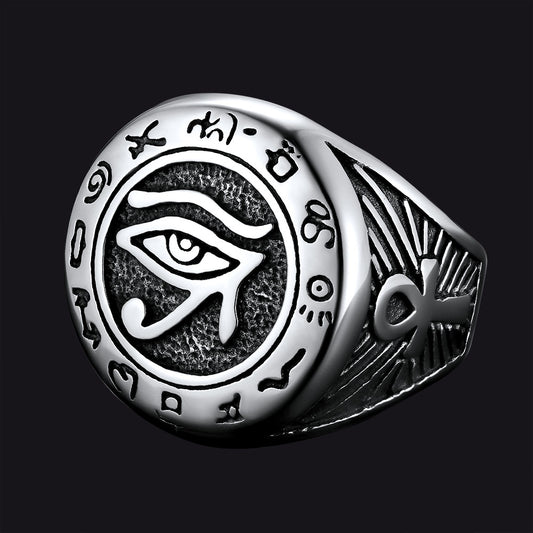 FaithHeart Egyptian Eye of Horus Signet Ring with Ankh Cross for Men FaithHeart