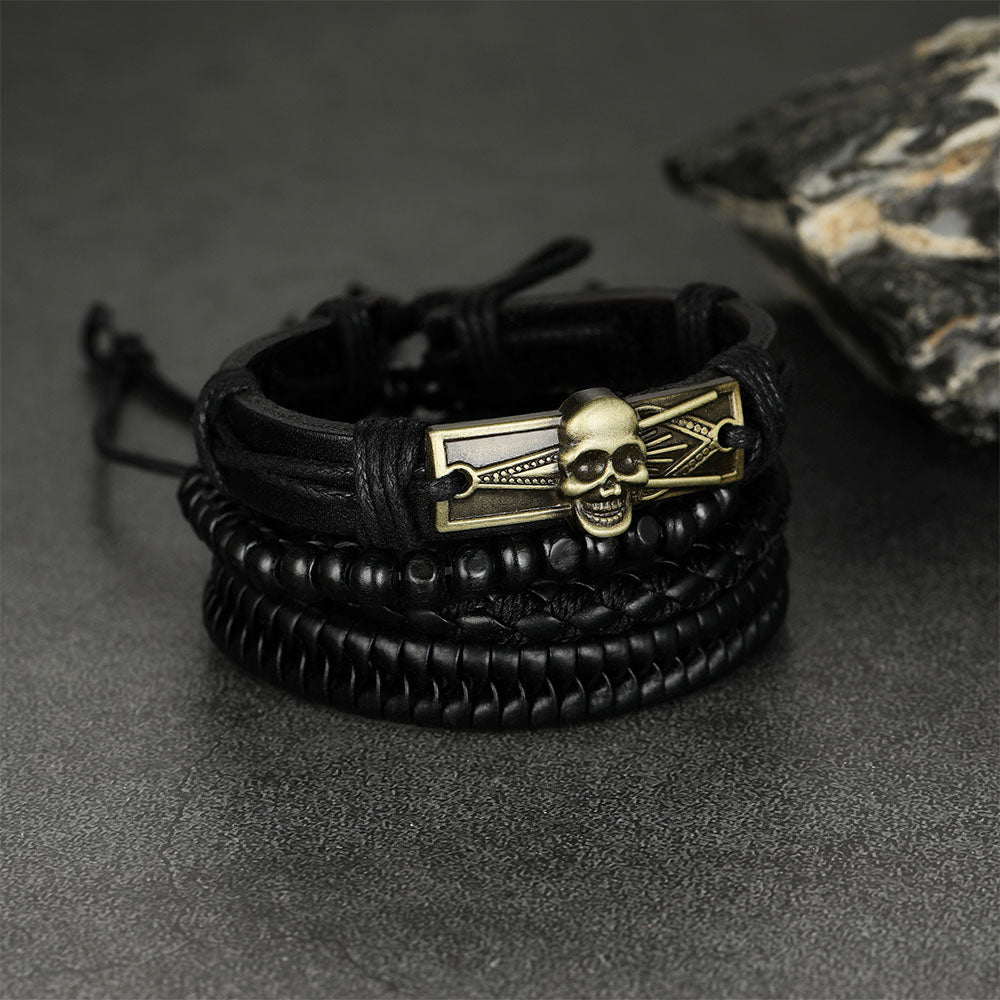 FaithHeart Skull Braided Leather Bracelet Rope Wristband Set For Men FaithHeart