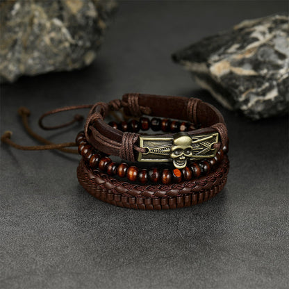 FaithHeart Skull Braided Leather Bracelet Rope Wristband Set For Men FaithHeart