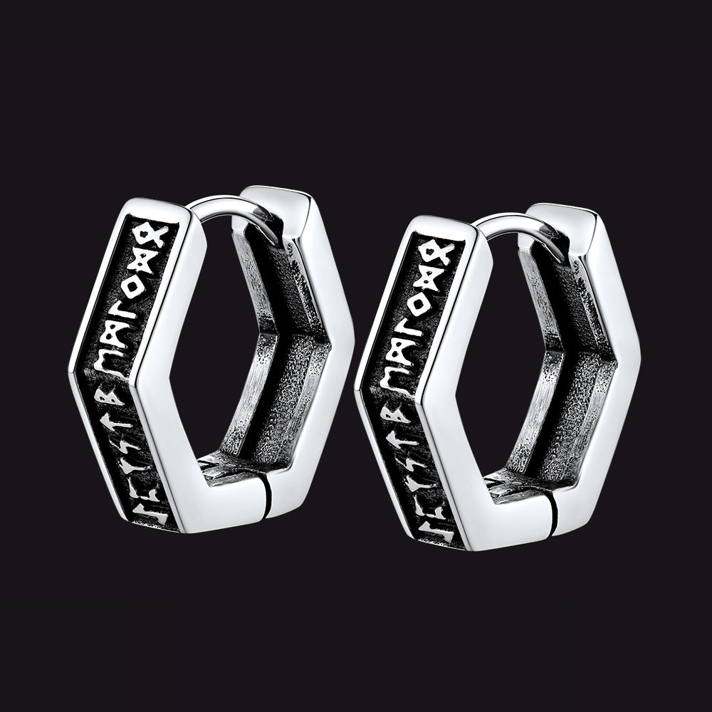 FaithHeart Viking Hexagon Runes Hoop Earrings For Men FaithHeart