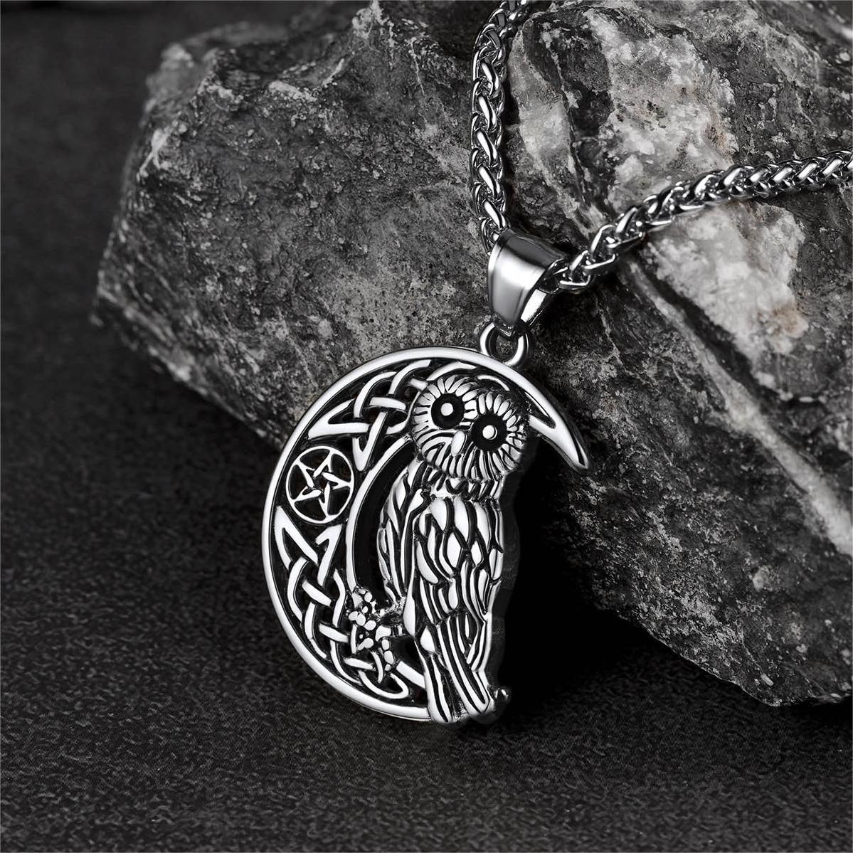 FaithHeart Viking Celtic Crescent Moon Owl Necklace for Men FaithHeart