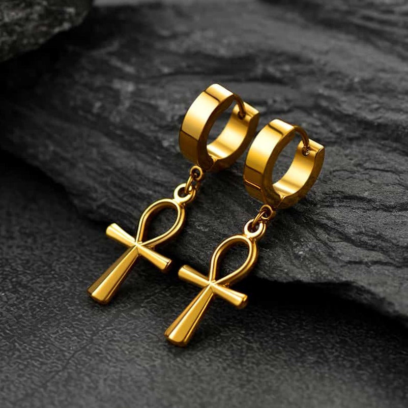 FaithHeart Ankh Cross Huggie Hoop Earrings for Men FaithHeart