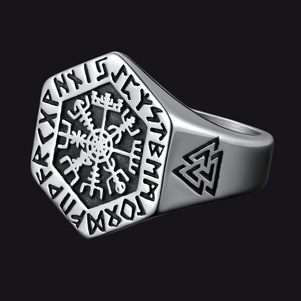 Viking Hexagon Compass Ring Runes