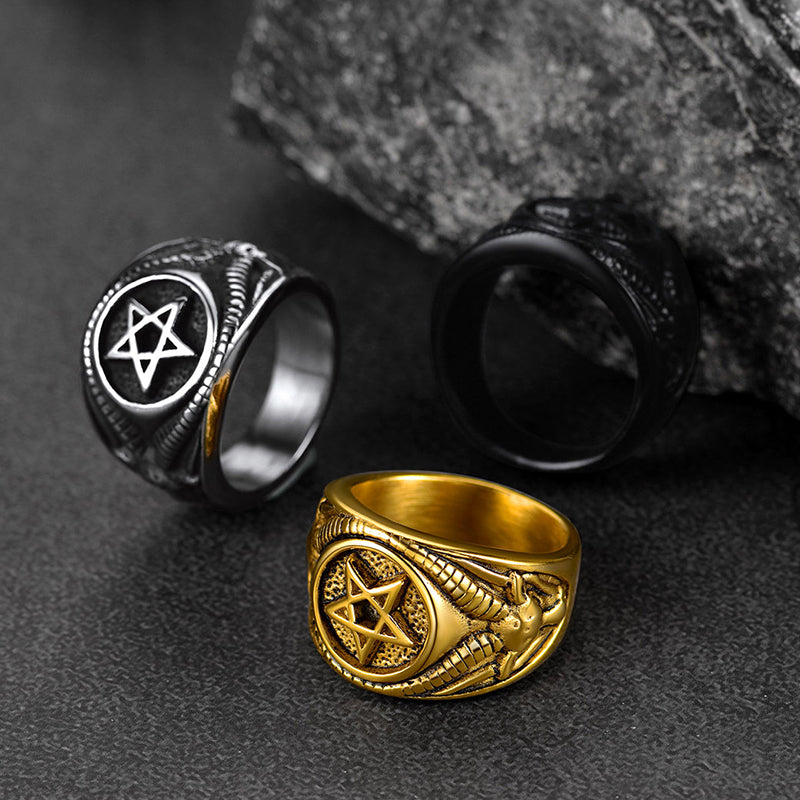 FaithHeart Satanic Goat Pentagram Ring Baphomet Ring for Men FaithHeart