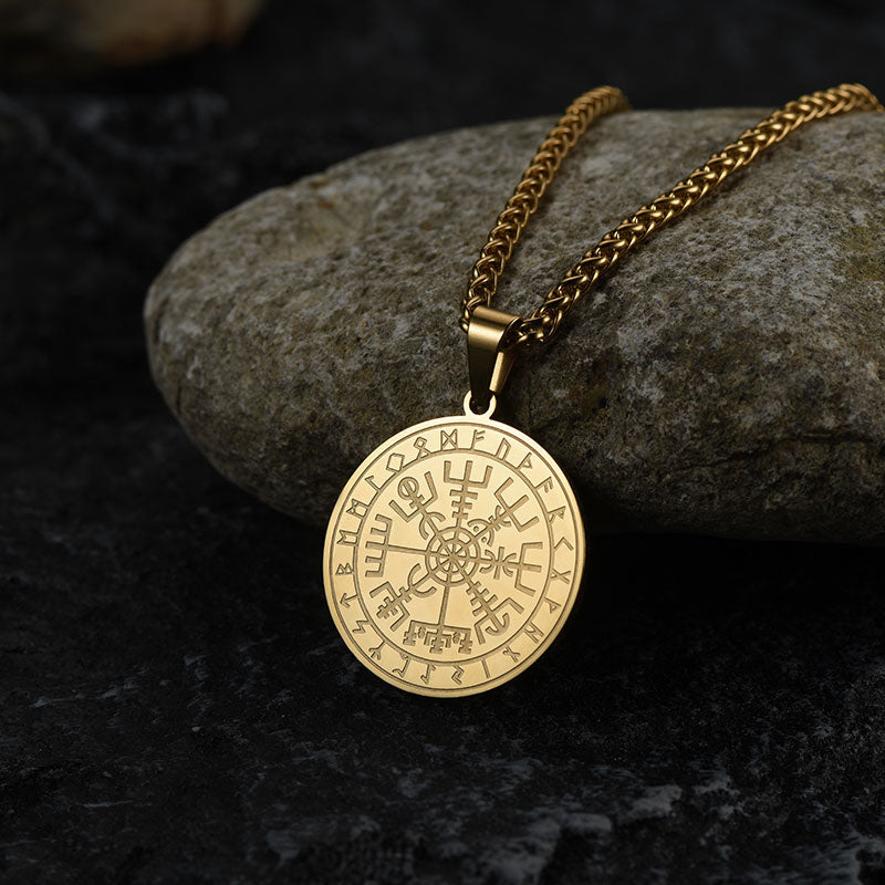 FaithHeart Norse Viking Compass Coin Necklace For Men With Runes FaithHeart