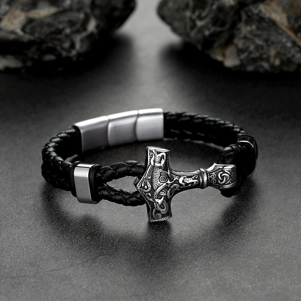 FaithHeart Viking Thor's Hammer Leather Bracelet For Men FaithHeart