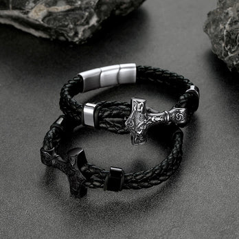 FaithHeart Viking Thor's Hammer Leather Bracelet For Men FaithHeart