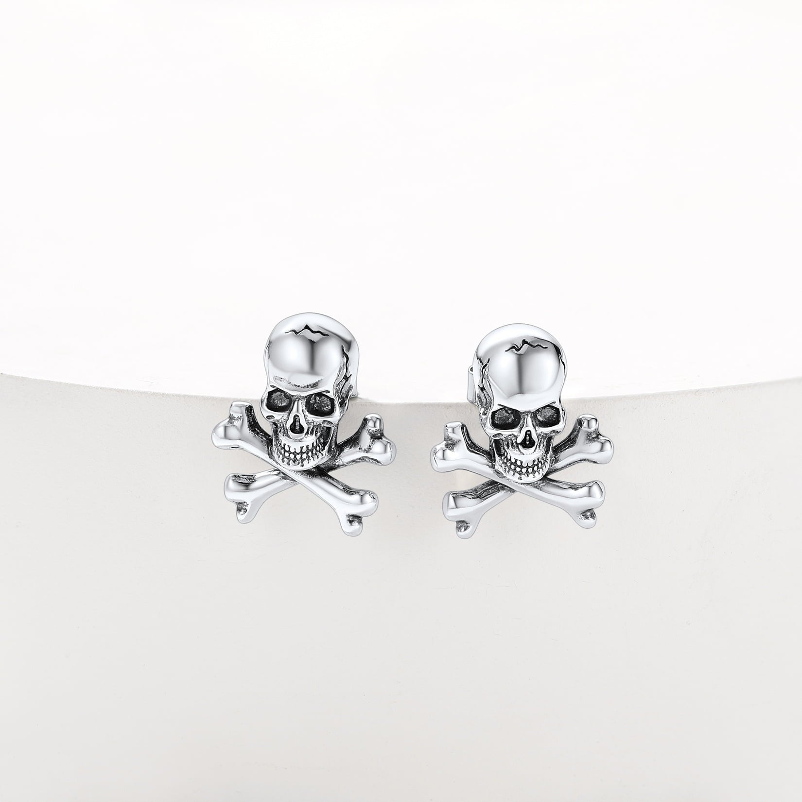 FaithHeart Sterling Silver Skull Stud Earrings with Pirate Crossbones For Men FaithHeart