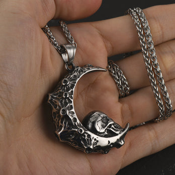 FaithHeart Crescent Moon Skull Necklace Stainless Steel Pendant for Men FaithHeart