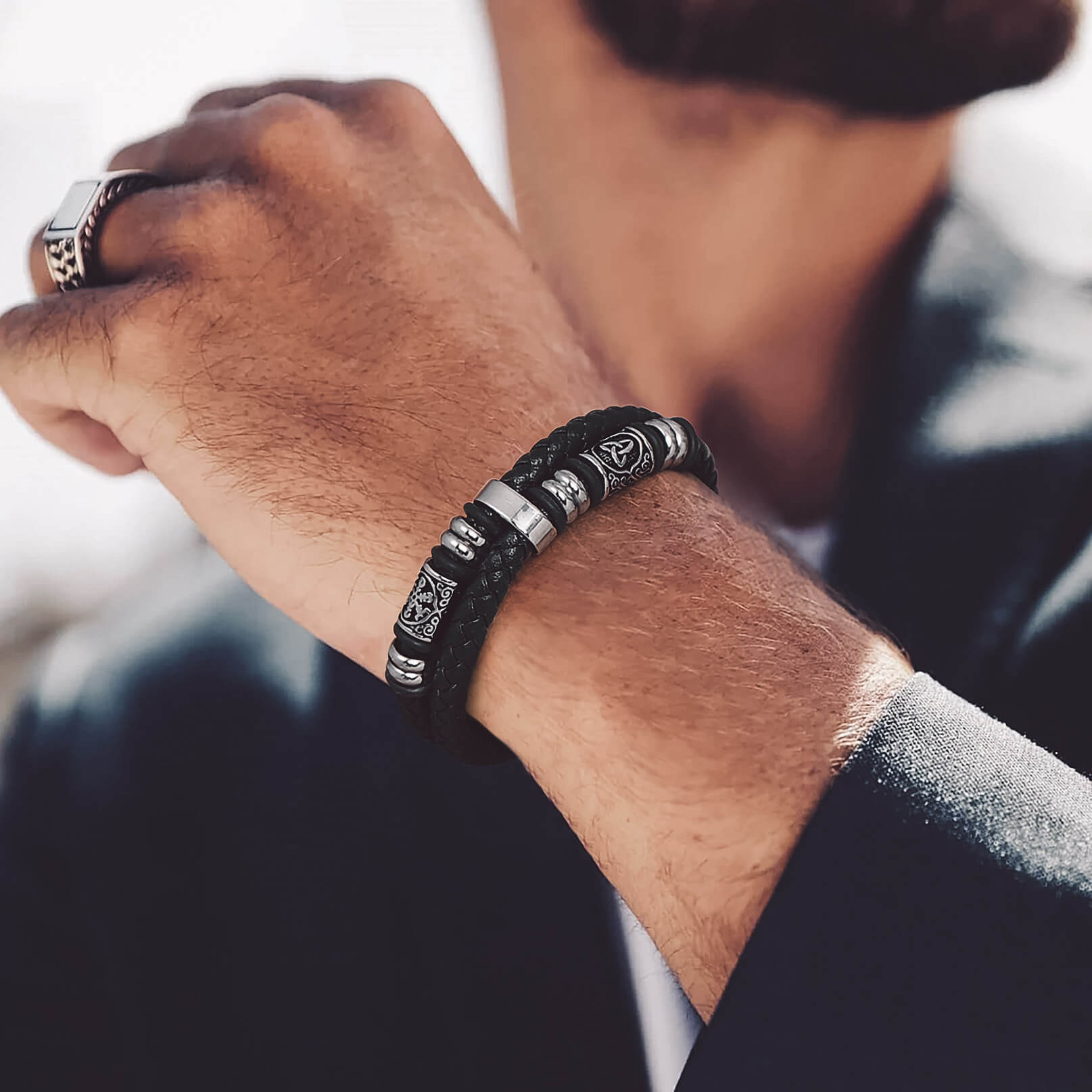 COOLSTEELANDBEYOND Men's Braided Leather Bracelet - Double Row Black & Gold Steel Bangle Wristband
