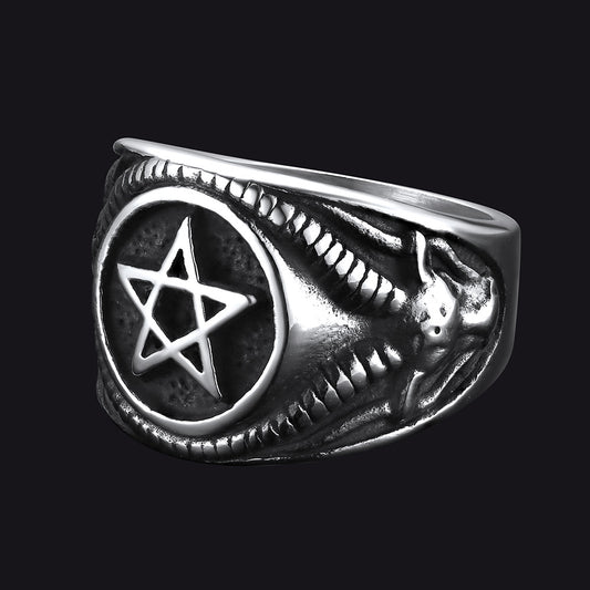 FaithHeart Satanic Goat Pentagram Ring Baphomet Ring for Men FaithHeartimg