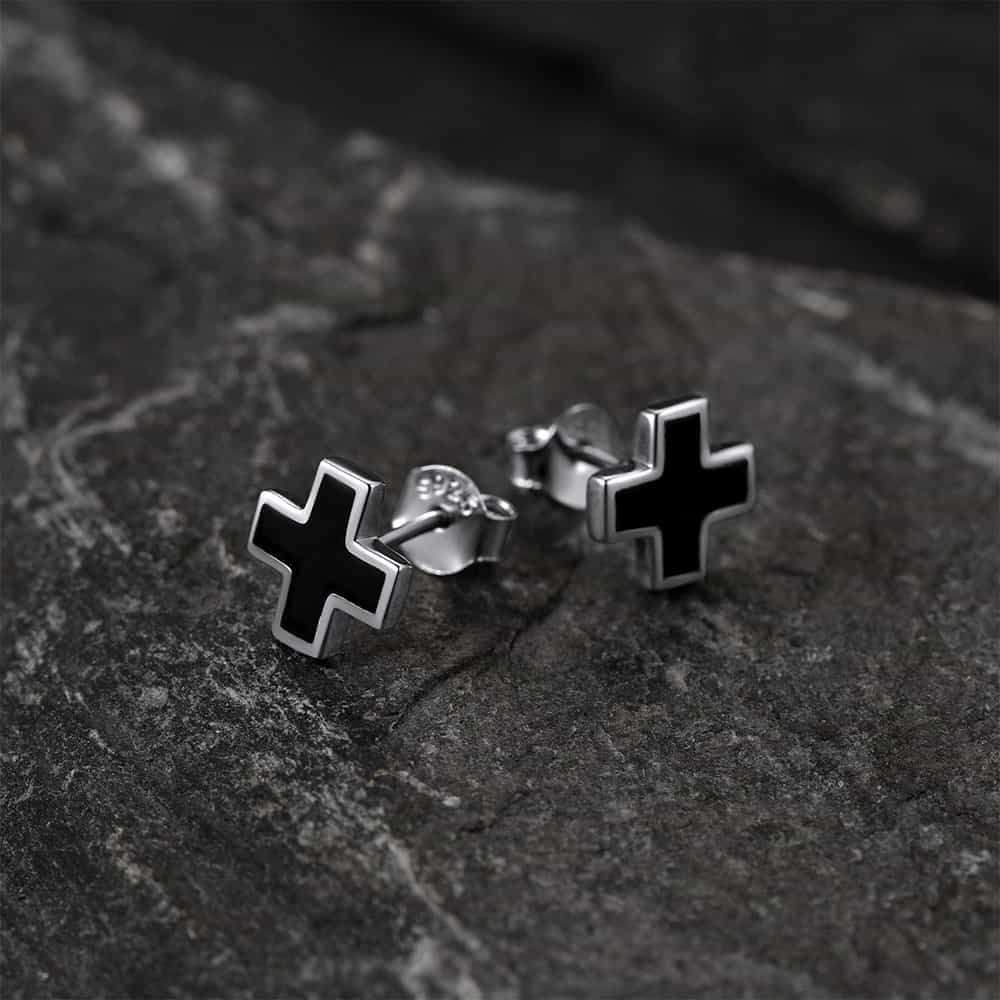 FaithHeart Sterling Silver Black Cross Stud Earrings For Men FaithHeart