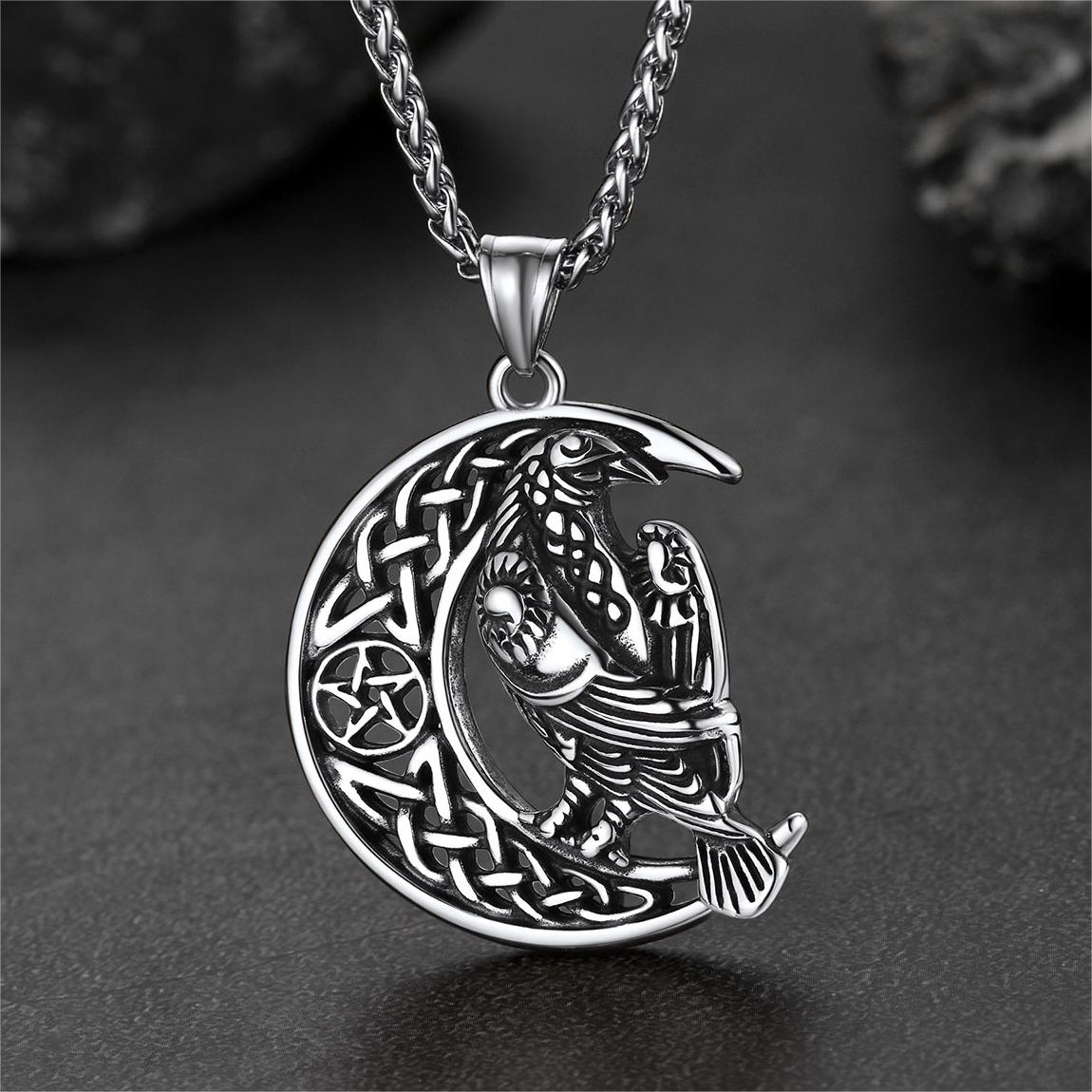 FaithHeart Viking Celtic Crescent Moon Necklace With Odin Raven FaithHeart