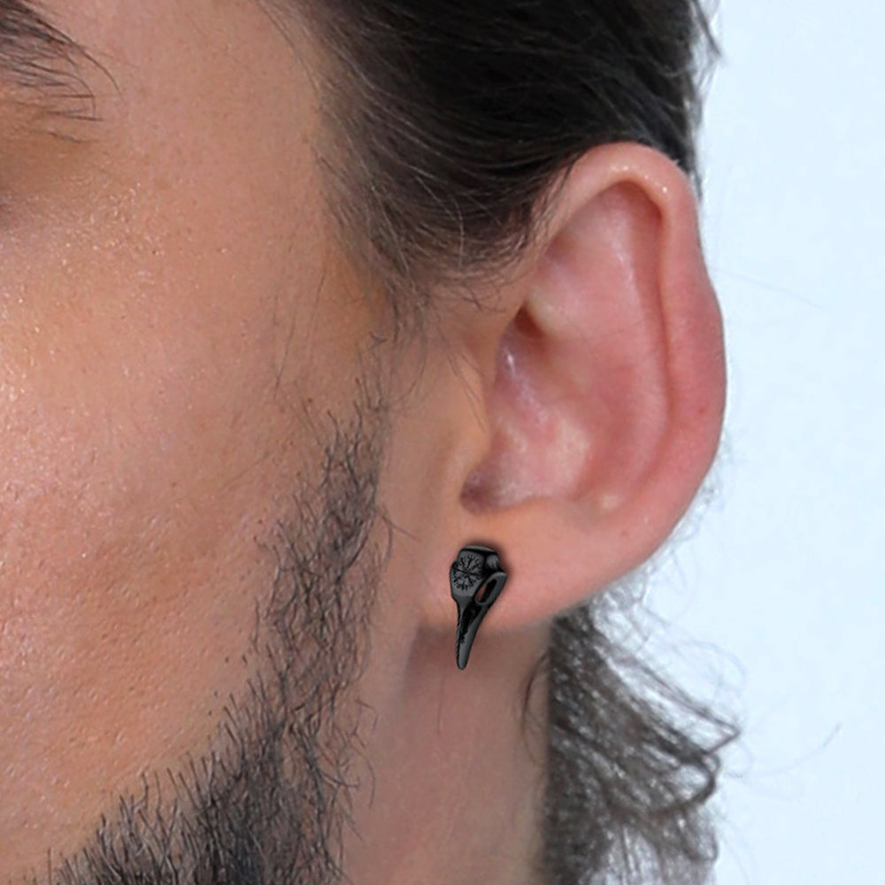 FaithHeart Viking Raven Skull Stud Earrings With Compass For Men FaithHeart