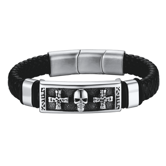 FaithHeart Punk Black Skull Leather Bracelet For Men FaithHeart
