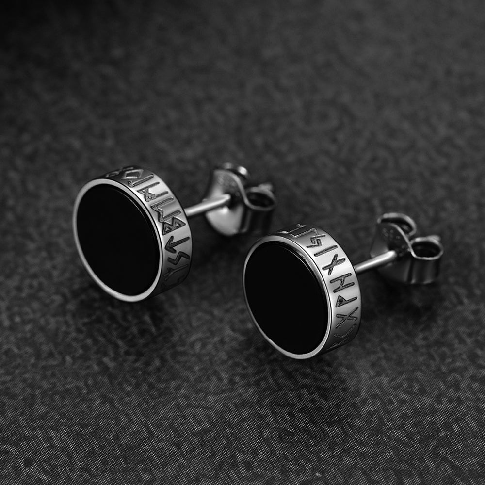 FaithHeart Sterling Silver Viking Runes Black Onyx Stud Earrings For Men FaithHeart