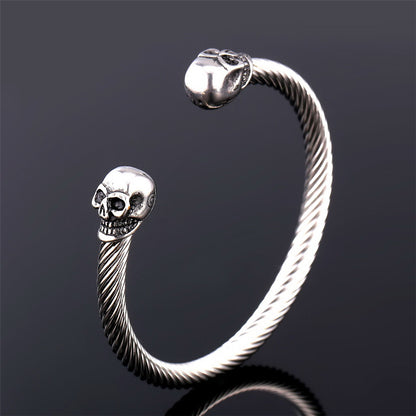 FaithHeart Stainless Steel Twin Skull Cuff Bracelet Twisted Cable Bangle for Men FaithHeart