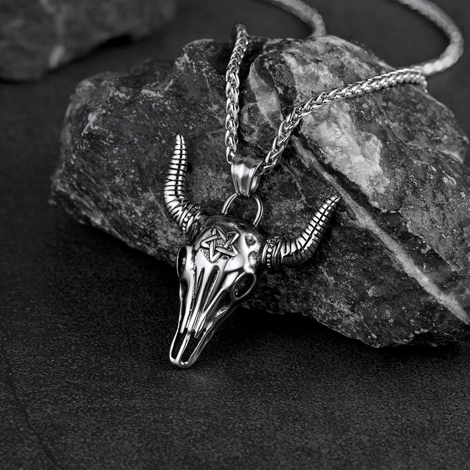 FaithHeart Satanic Bull Skull Necklace with Invert Pentagram for Men FaithHeart