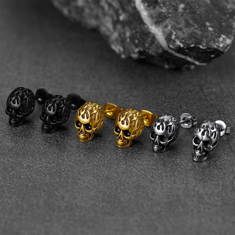 FaithHeart Gothic Flaming Skull Stud Earrings For Men FaithHeart