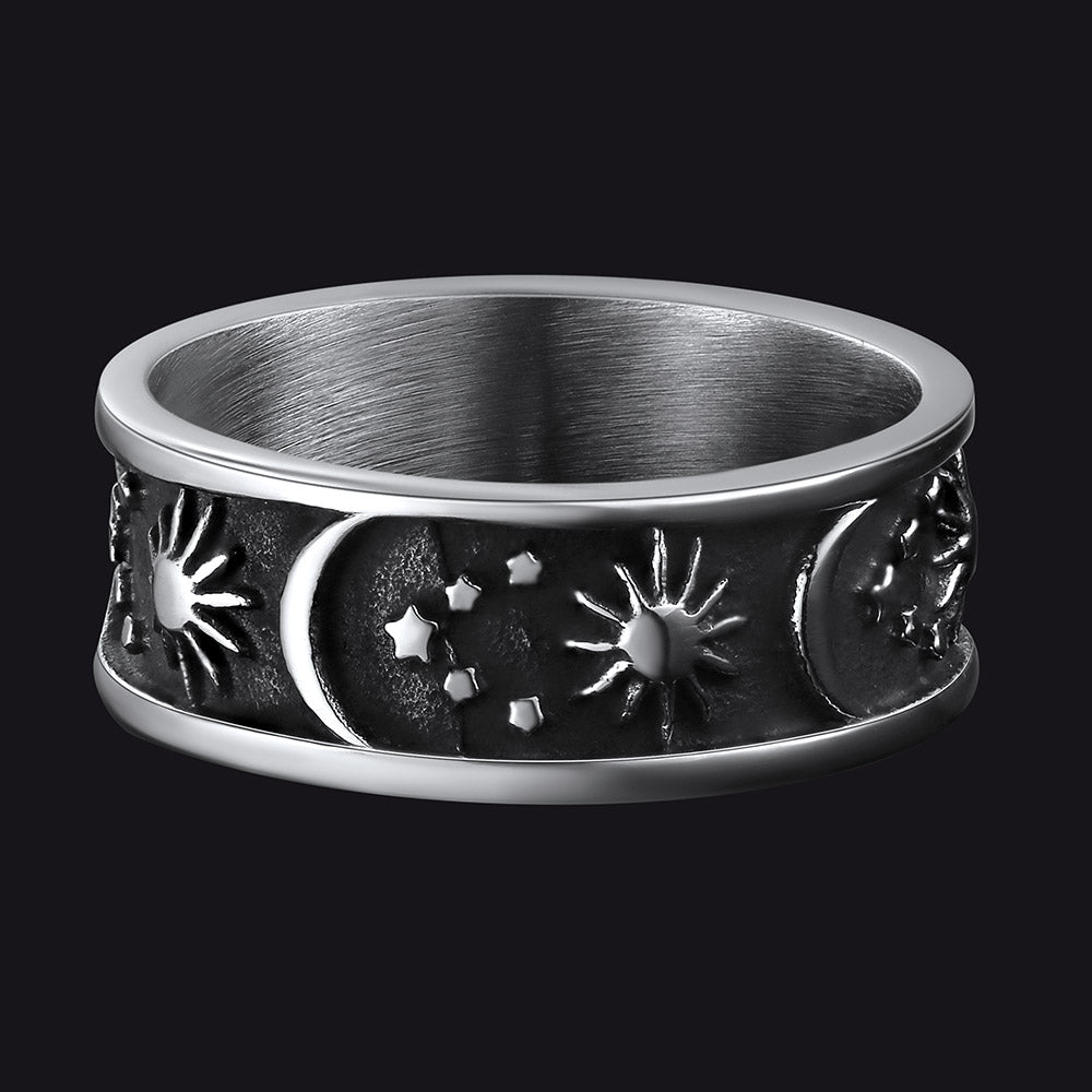 Stainless Steel Sun Moon Star Band Ring
