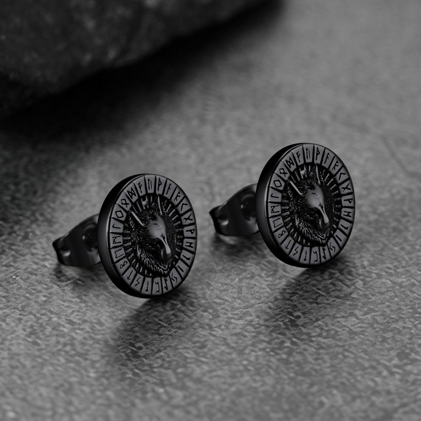 FaithHeart Viking Wolf Head Stud Earrings with Runes For Men FaithHeart