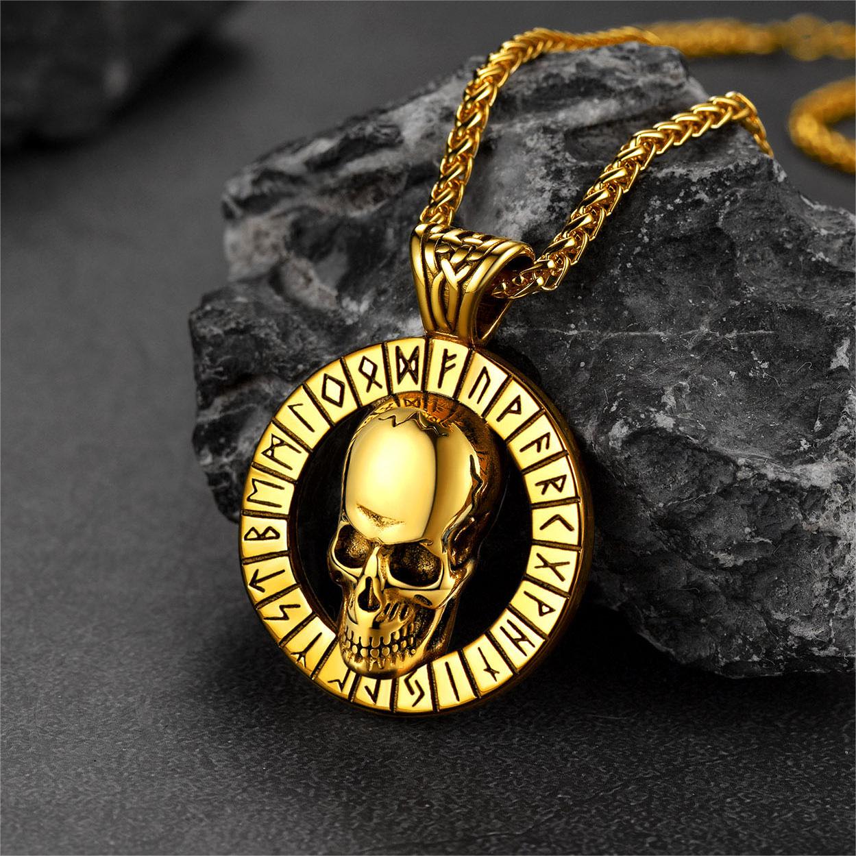 FaithHeart Gothic Skull Necklace For Men With Viking Runes FaithHeart