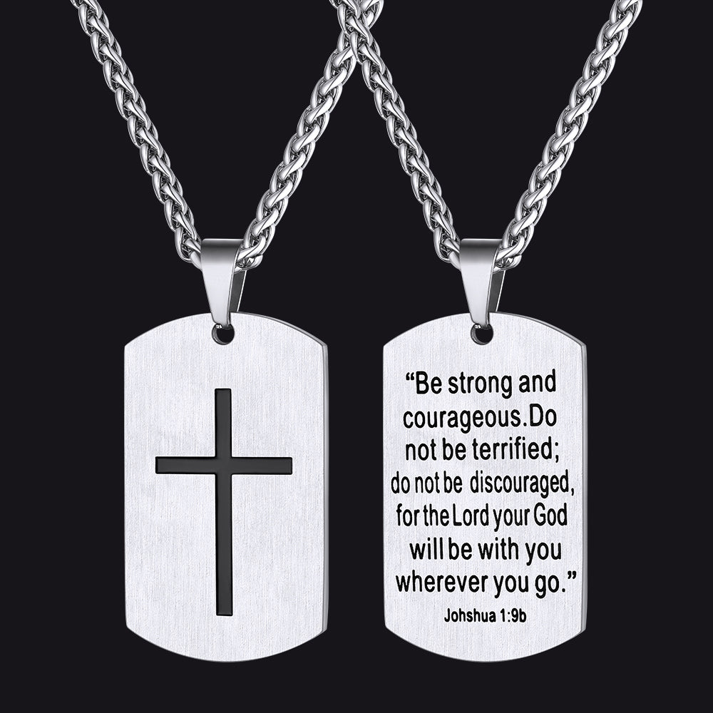 Christian Joshua 1:9 Dog Tag Cross Necklace For Men Silver